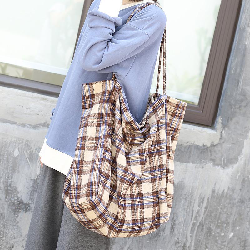 Plaid Canvas Large Shopping Shoulder Bag