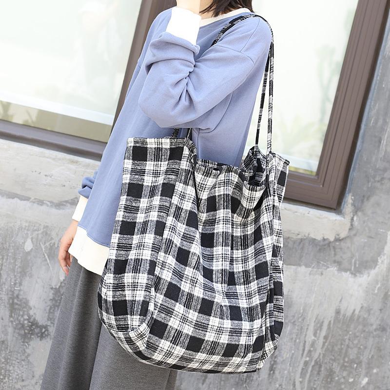 Plaid Canvas Large Shopping Shoulder Bag