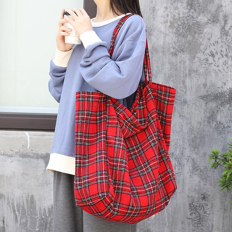 Plaid Canvas Large Shopping Shoulder Bag