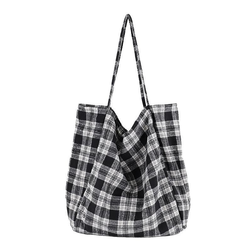 Plaid Canvas Large Shopping Shoulder Bag