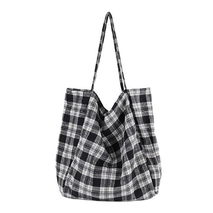 Plaid Canvas Large Shopping Shoulder Bag