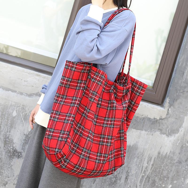 Plaid Canvas Large Shopping Shoulder Bag