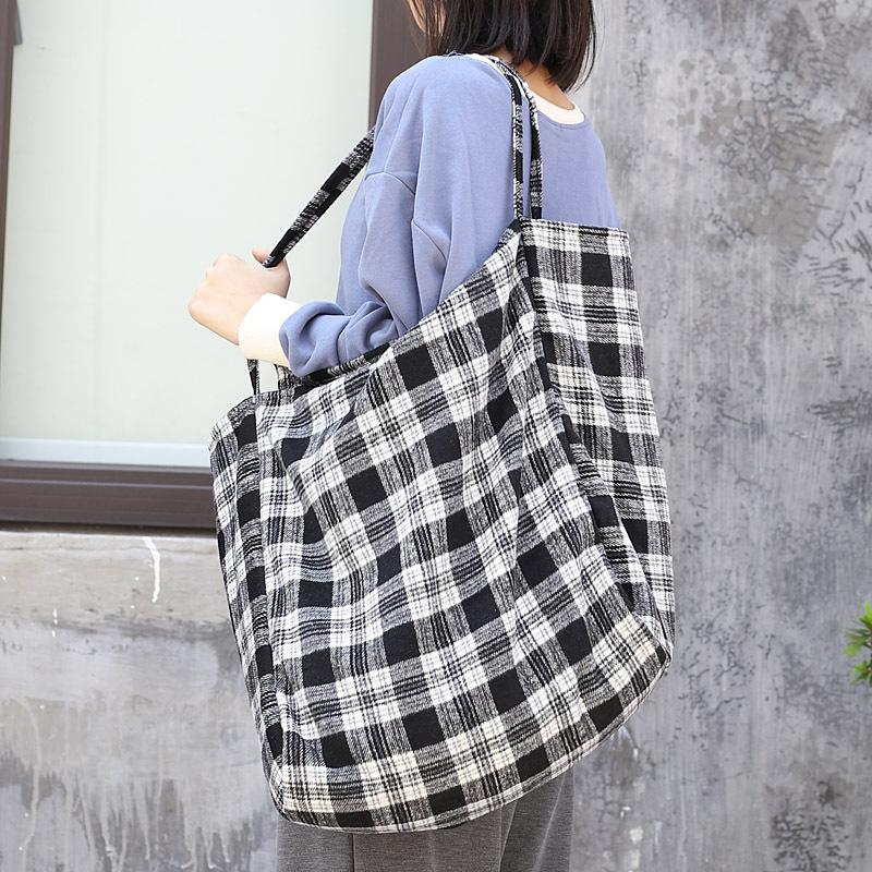 Plaid Canvas Large Shopping Shoulder Bag