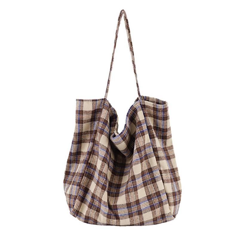 Plaid Canvas Large Shopping Shoulder Bag