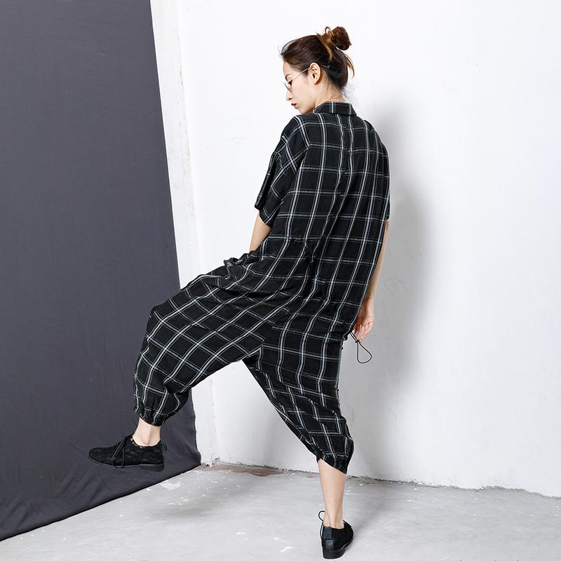 Plaid Casual Loose Drawstring Black Overall