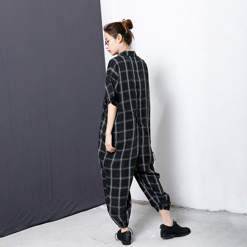 Plaid Casual Loose Drawstring Black Overall