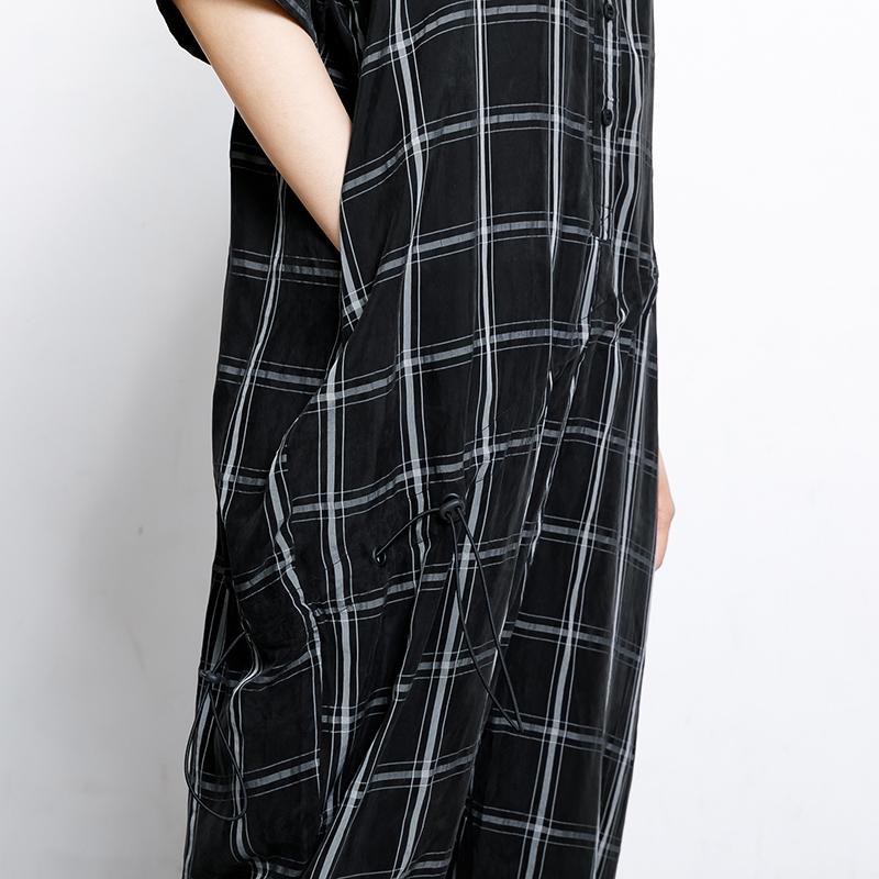 Plaid Casual Loose Drawstring Black Overall