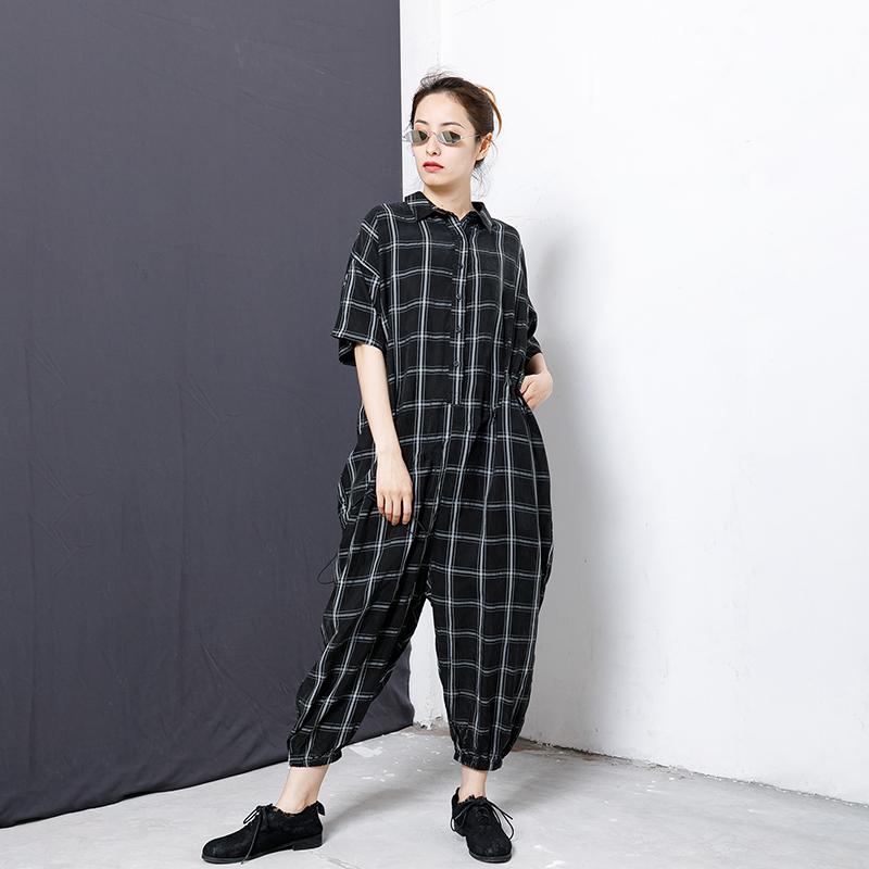 Plaid Casual Loose Drawstring Black Overall
