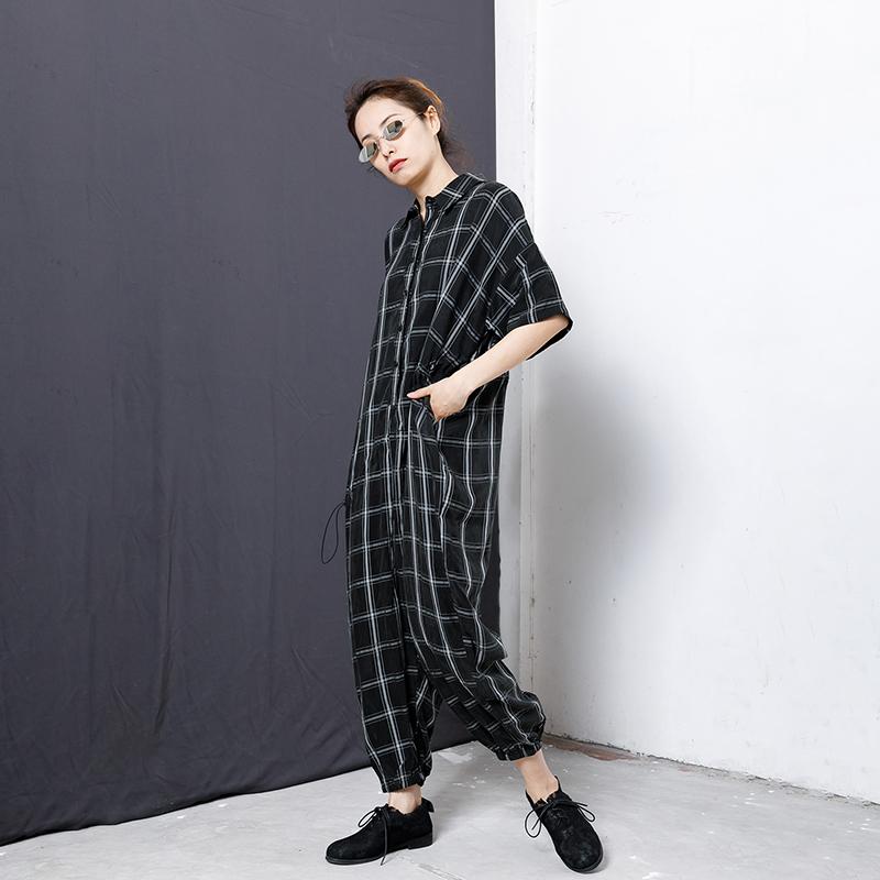 Plaid Casual Loose Drawstring Black Overall
