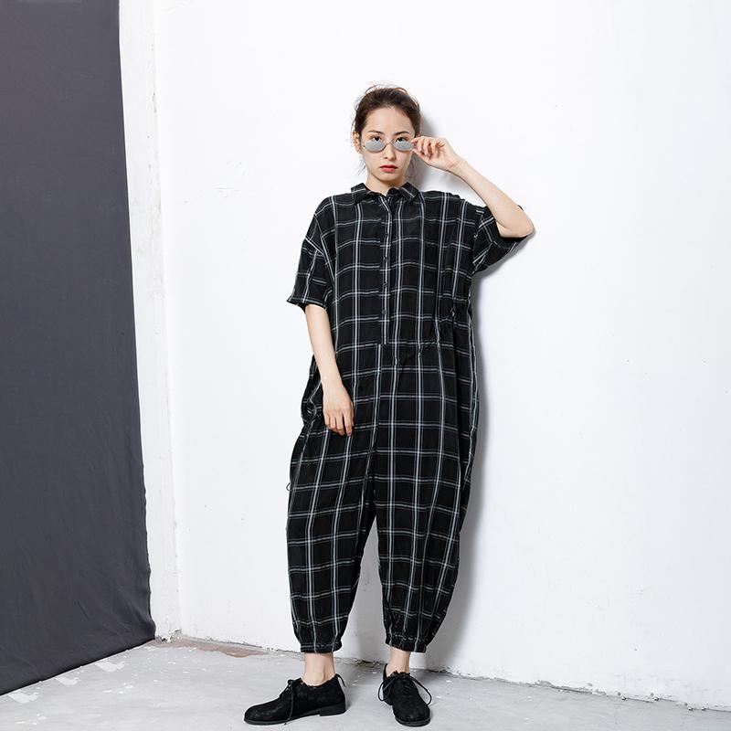 Plaid Casual Loose Drawstring Black Overall