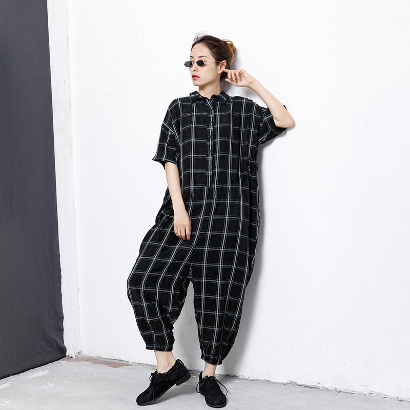 Plaid Casual Loose Drawstring Black Overall