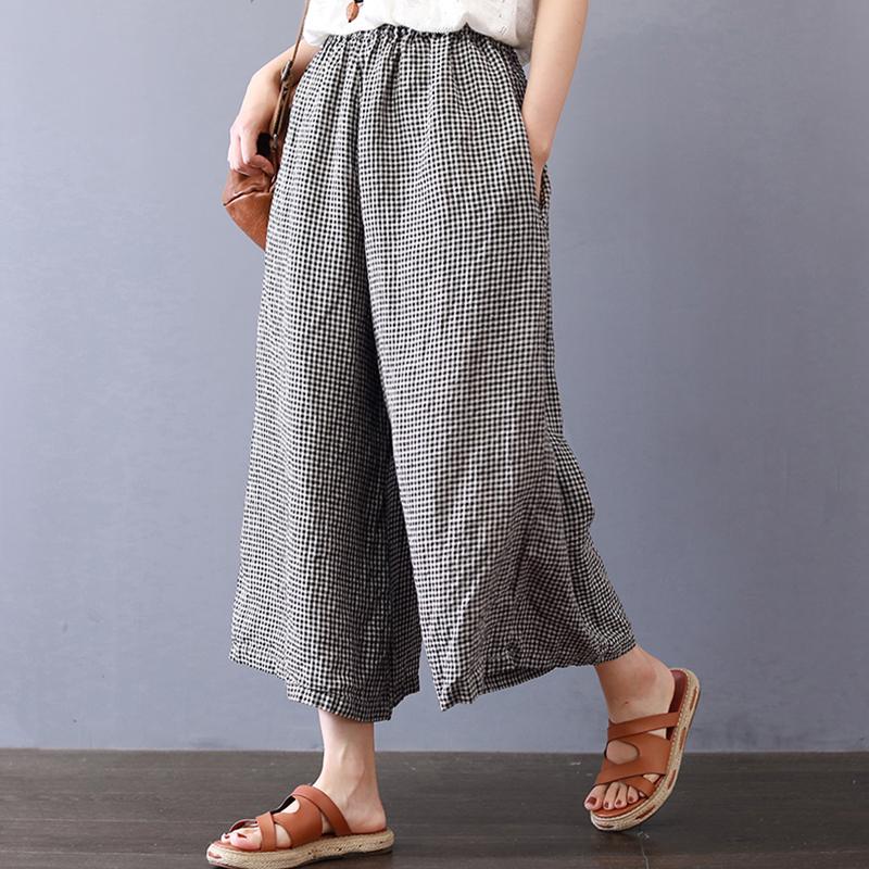 Plaid Casual Women Linen Summer Pants