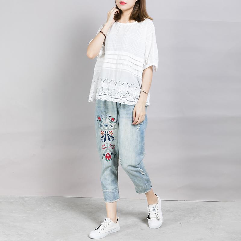 Plaid Embroidery Hollow Out White T-Shirt
