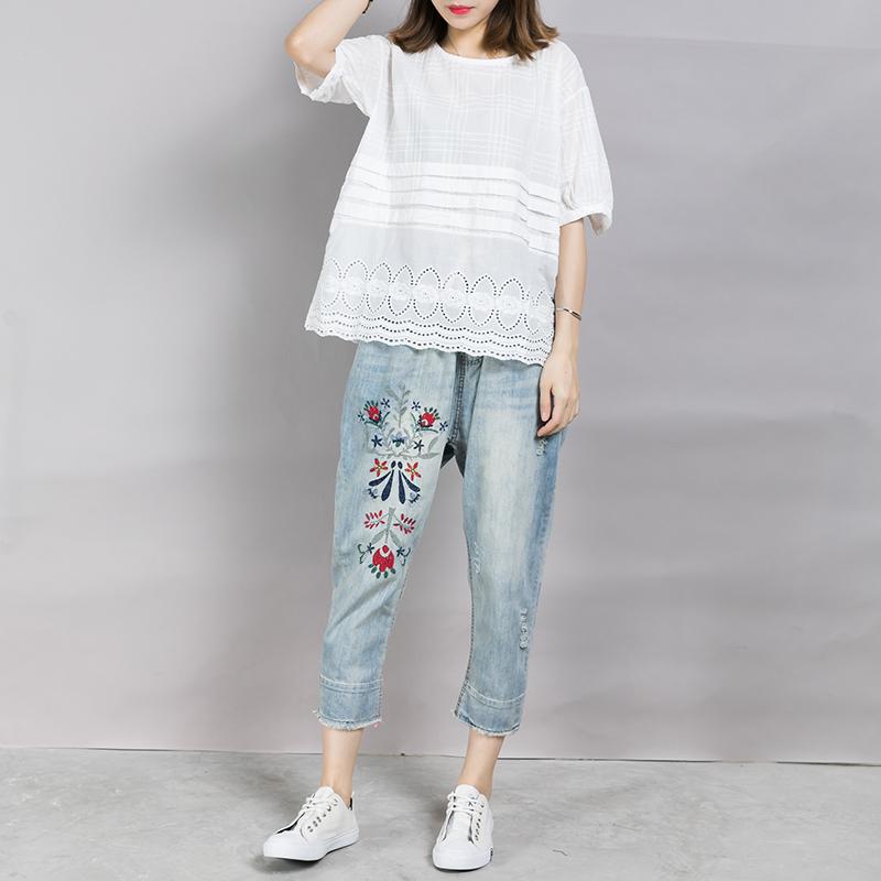 Plaid Embroidery Hollow Out White T-Shirt