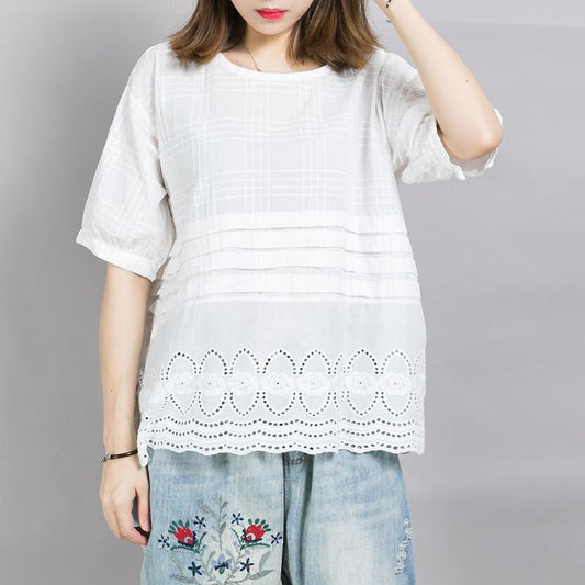 Plaid Embroidery Hollow Out White T-Shirt