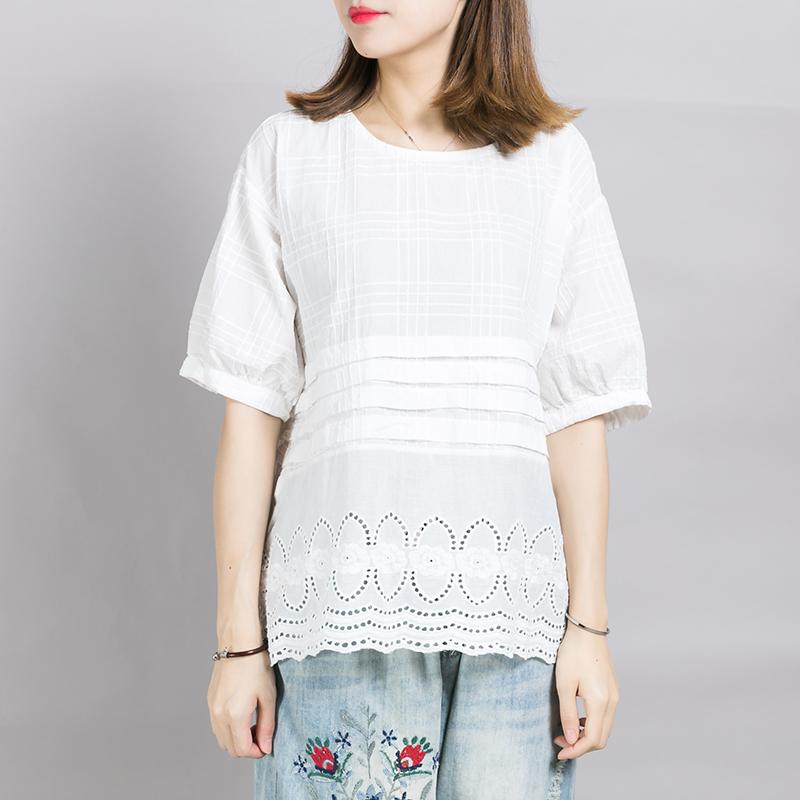 Plaid Embroidery Hollow Out White T-Shirt