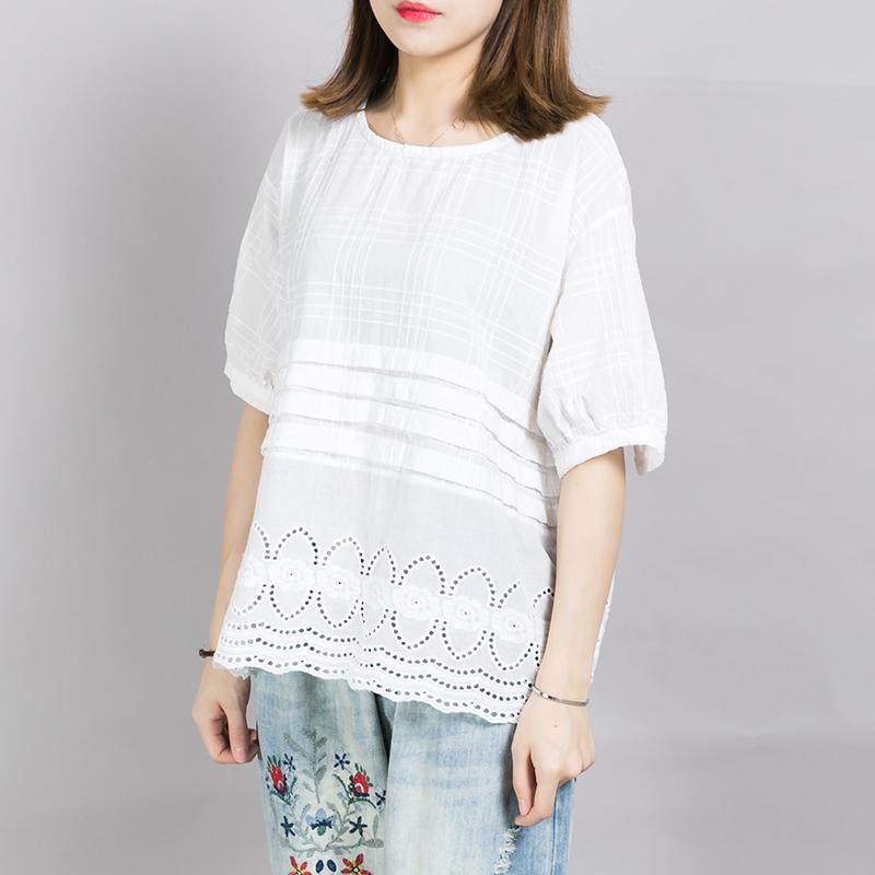 Plaid Embroidery Hollow Out White T-Shirt
