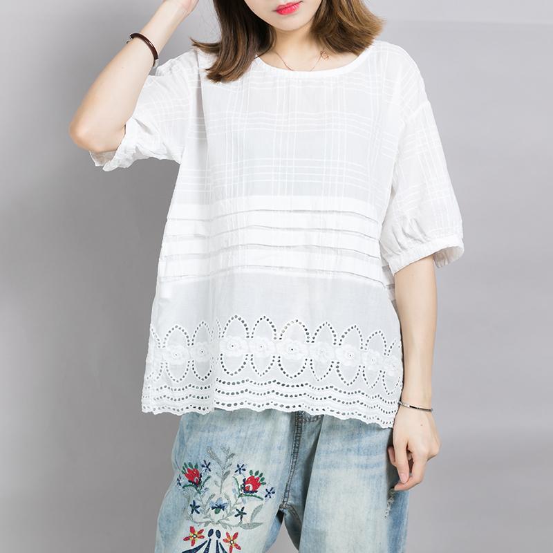 Plaid Embroidery Hollow Out White T-Shirt