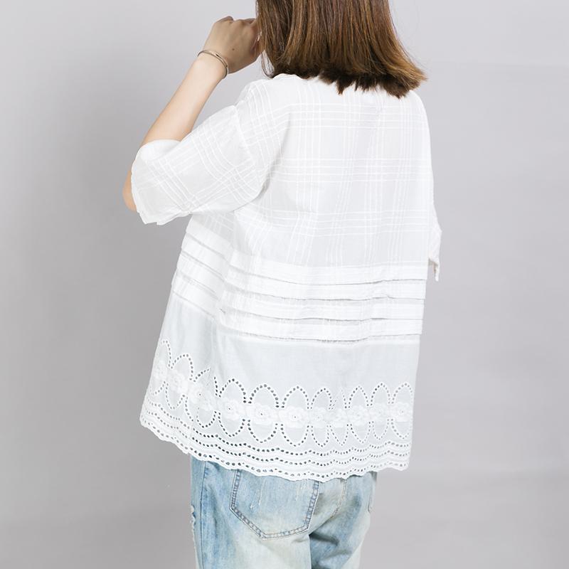 Plaid Embroidery Hollow Out White T-Shirt