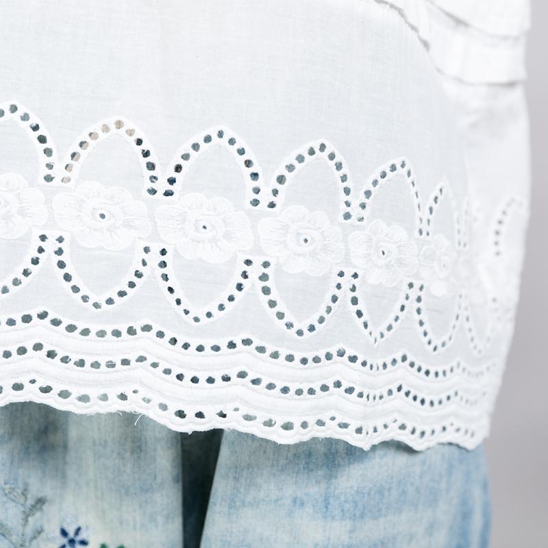 Plaid Embroidery Hollow Out White T-Shirt