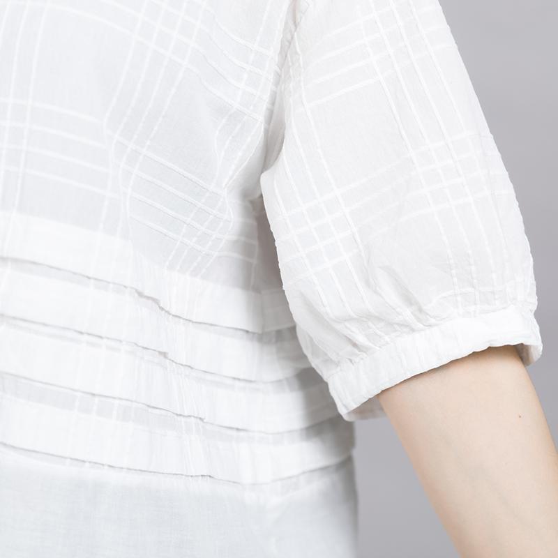 Plaid Embroidery Hollow Out White T-Shirt