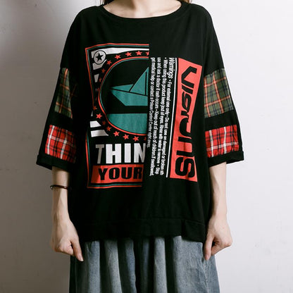 Plaid Letter Printed Summer Cotton T-Shirt