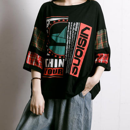 Plaid Letter Printed Summer Cotton T-Shirt
