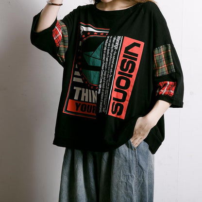 Plaid Letter Printed Summer Cotton T-Shirt