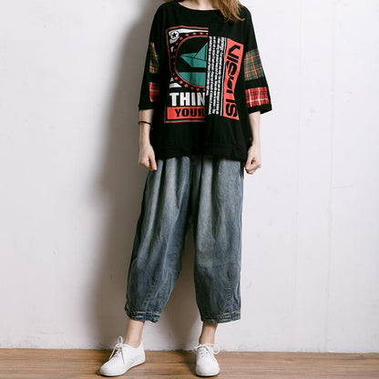 Plaid Letter Printed Summer Cotton T-Shirt
