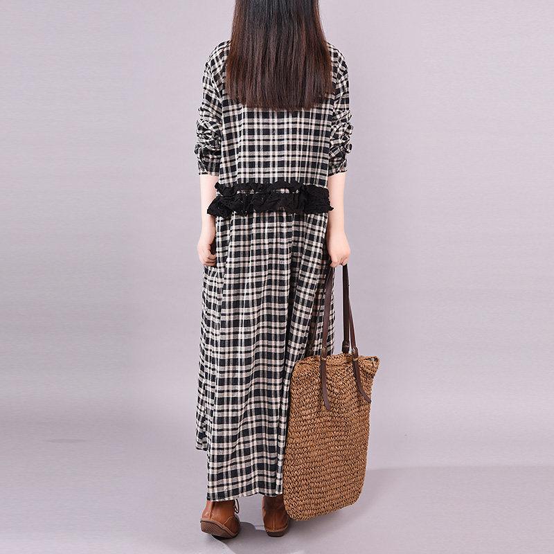 Plaid Loose Long Sleeve Lace Dress
