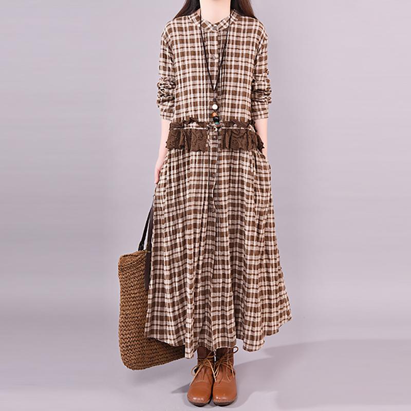 Plaid Loose Long Sleeve Lace Dress