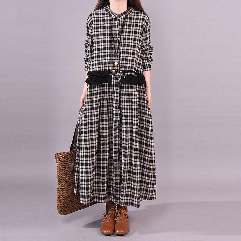 Plaid Loose Long Sleeve Lace Dress