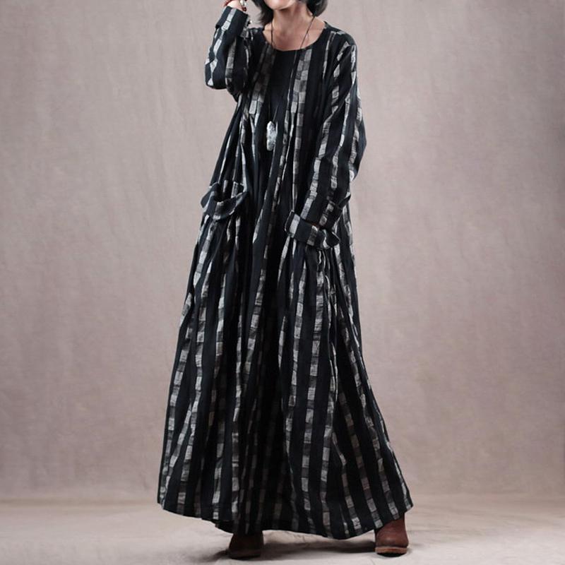 Plaid Pockets Loose O-neck Maxi Linen Dress