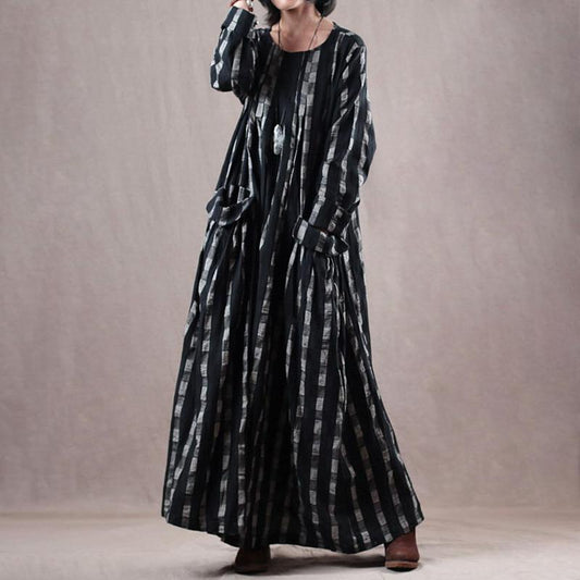 Plaid Pockets Loose O-neck Maxi Linen Dress