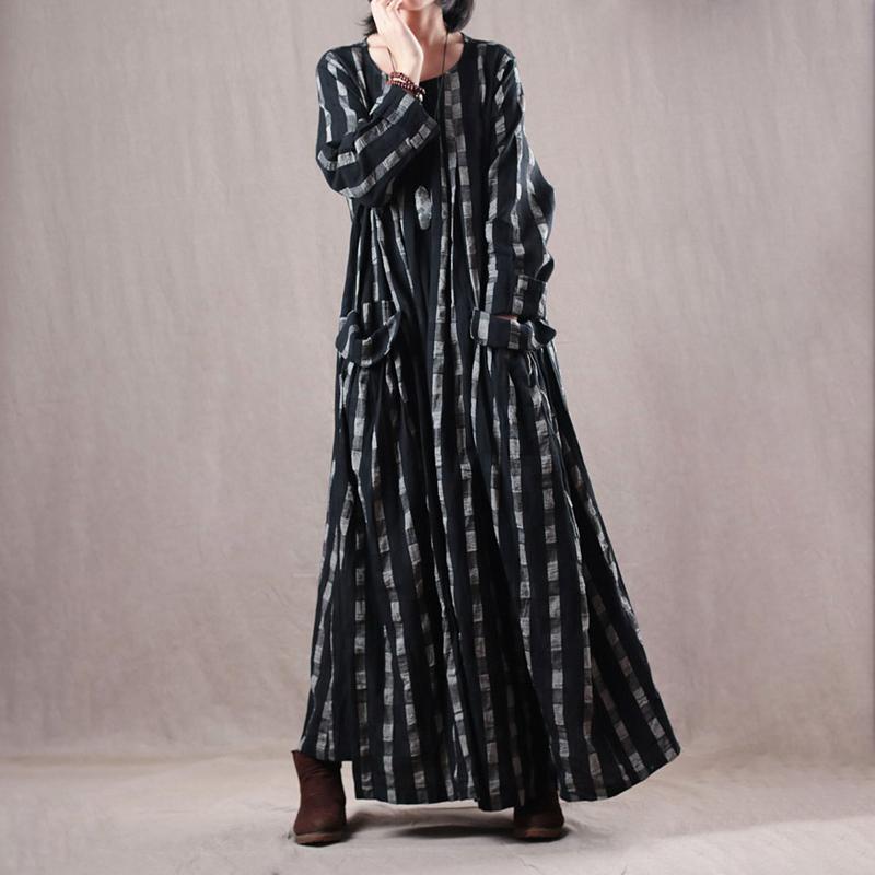 Plaid Pockets Loose O-neck Maxi Linen Dress