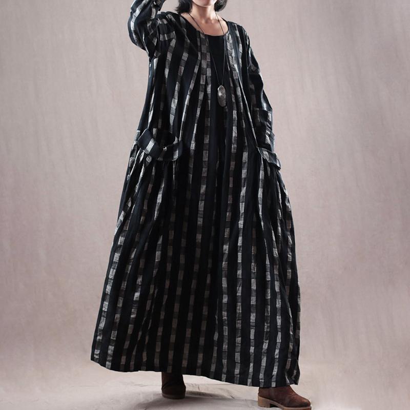 Plaid Pockets Loose O-neck Maxi Linen Dress