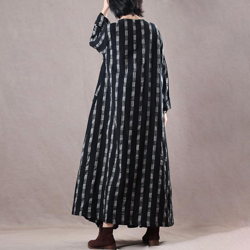 Plaid Pockets Loose O-neck Maxi Linen Dress