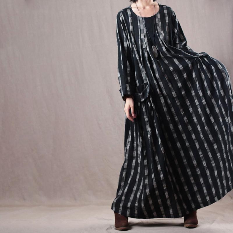Plaid Pockets Loose O-neck Maxi Linen Dress