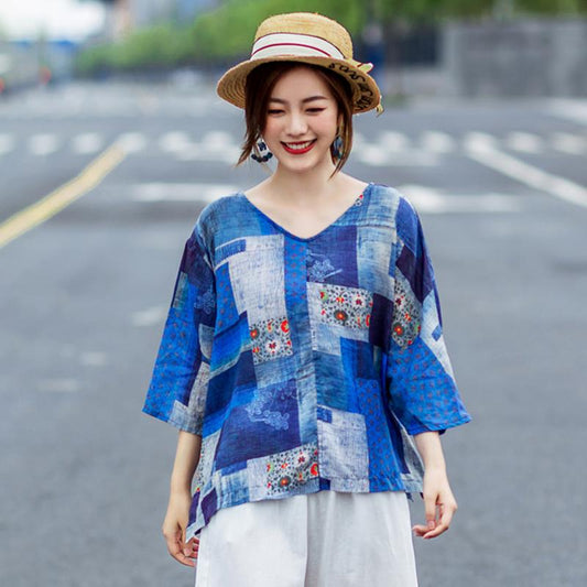 Plaid Print Loose Comfortable Linen Blouse