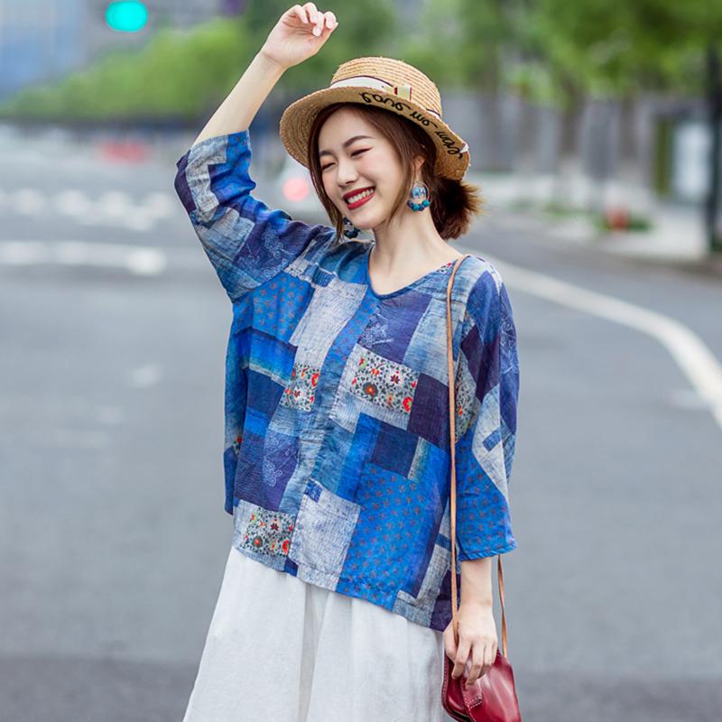 Plaid Print Loose Comfortable Linen Blouse