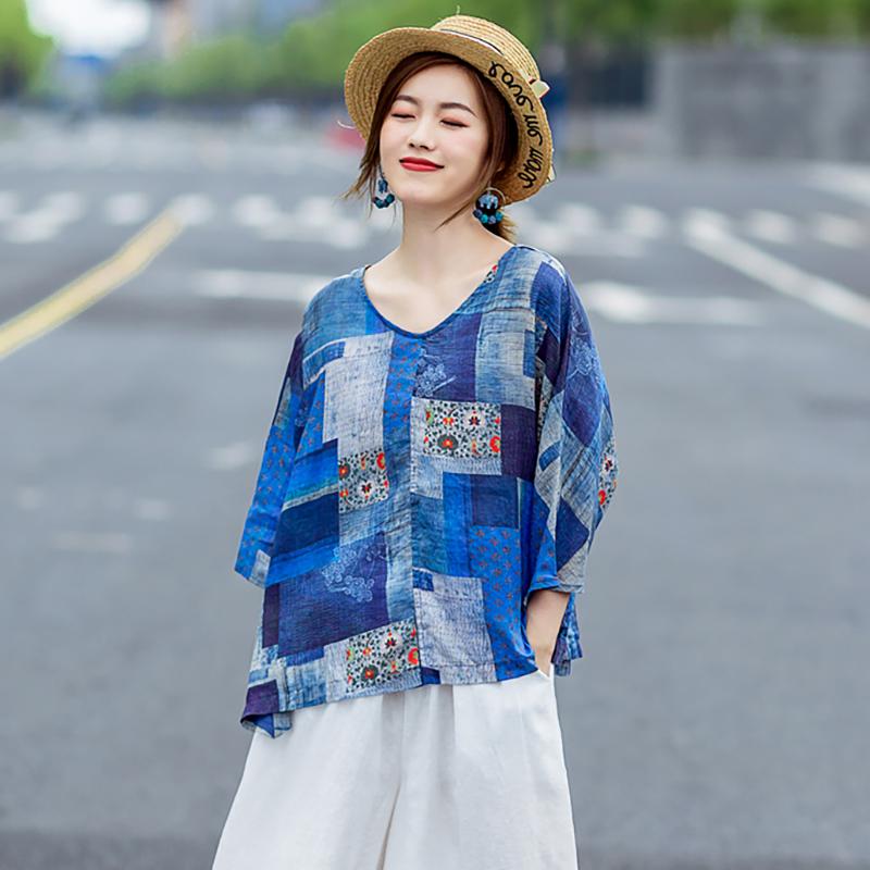 Plaid Print Loose Comfortable Linen Blouse