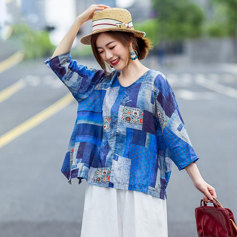 Plaid Print Loose Comfortable Linen Blouse