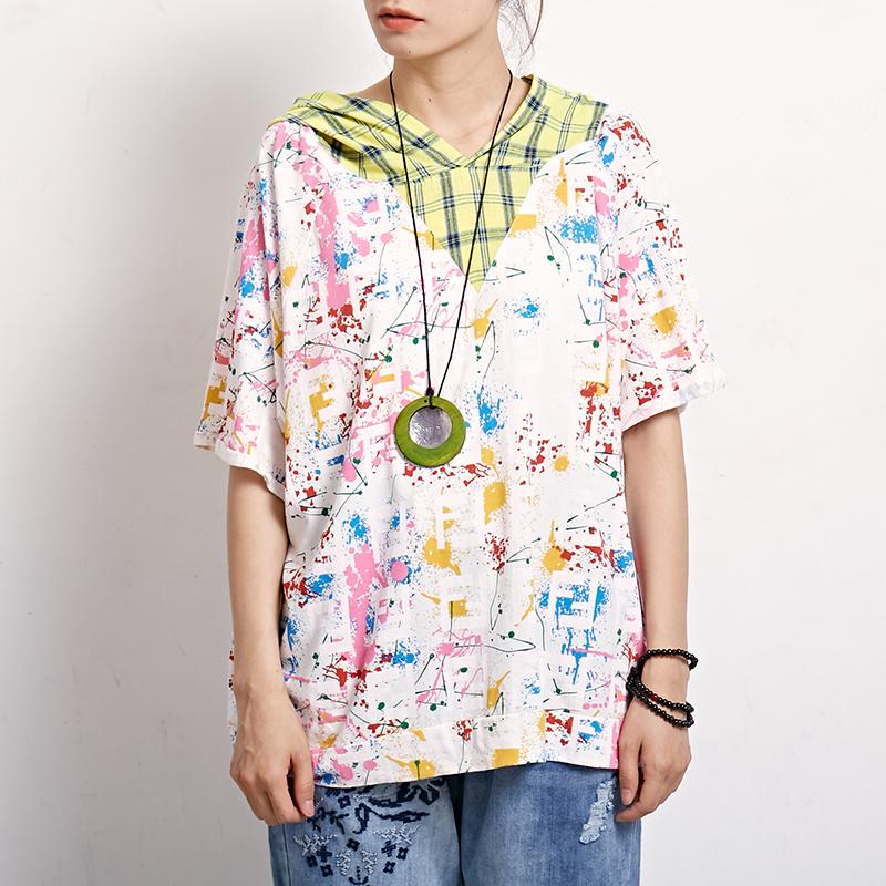 Plaid Print Short Sleeve Casual Hooded Blouse