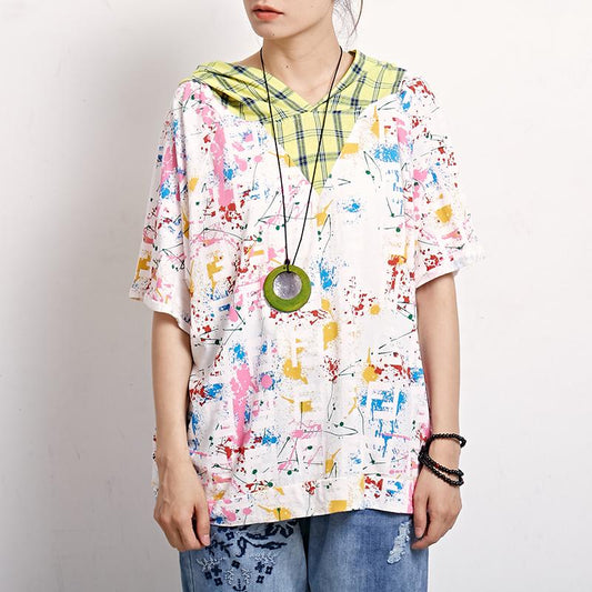 Plaid Print Short Sleeve Casual Hooded Blouse