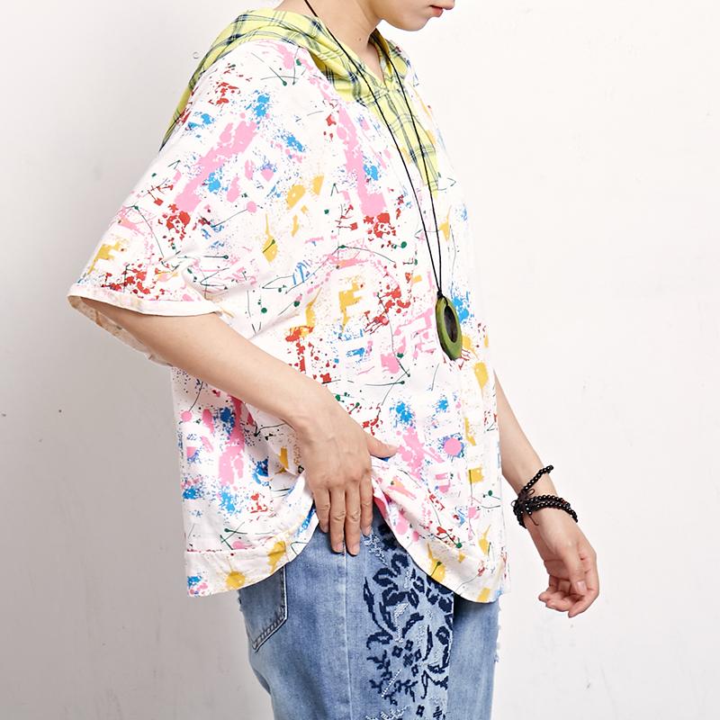 Plaid Print Short Sleeve Casual Hooded Blouse