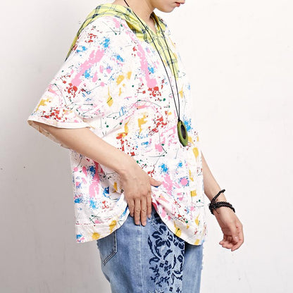 Plaid Print Short Sleeve Casual Hooded Blouse