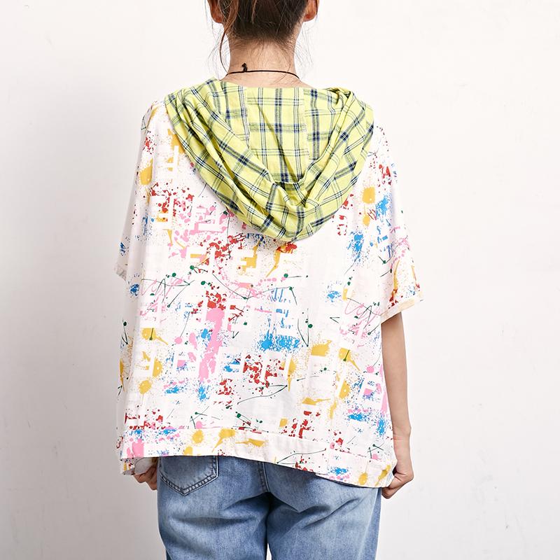 Plaid Print Short Sleeve Casual Hooded Blouse