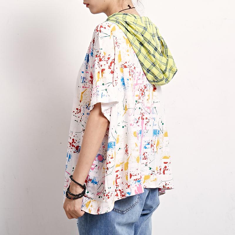 Plaid Print Short Sleeve Casual Hooded Blouse