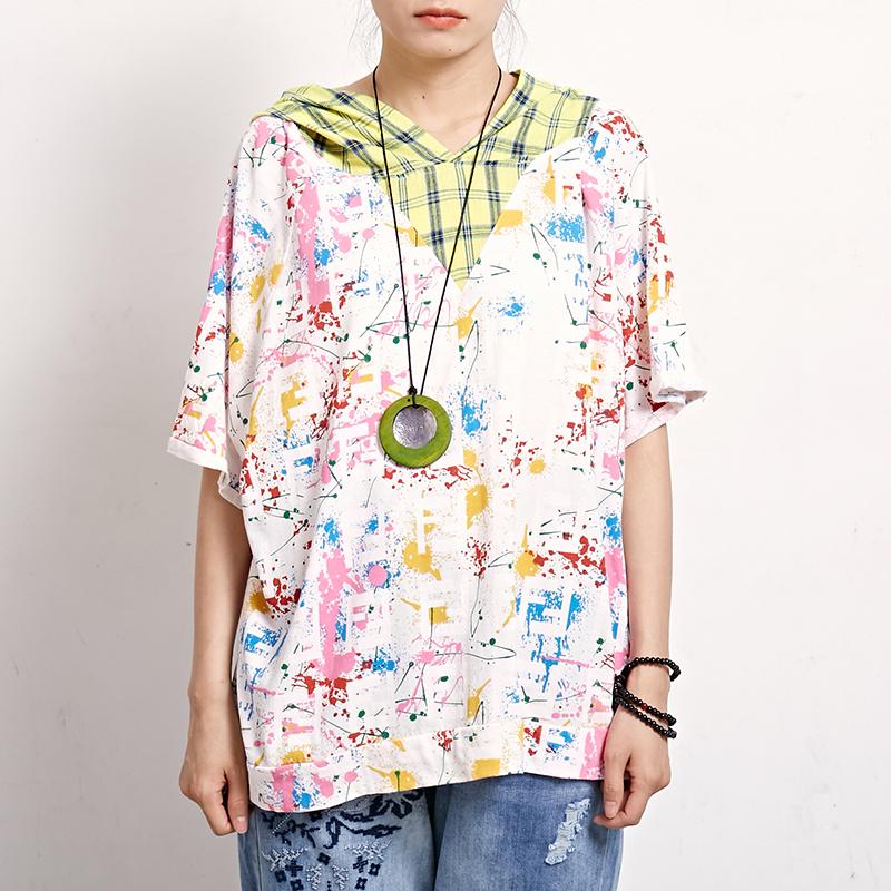 Plaid Print Short Sleeve Casual Hooded Blouse