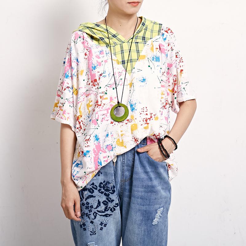 Plaid Print Short Sleeve Casual Hooded Blouse